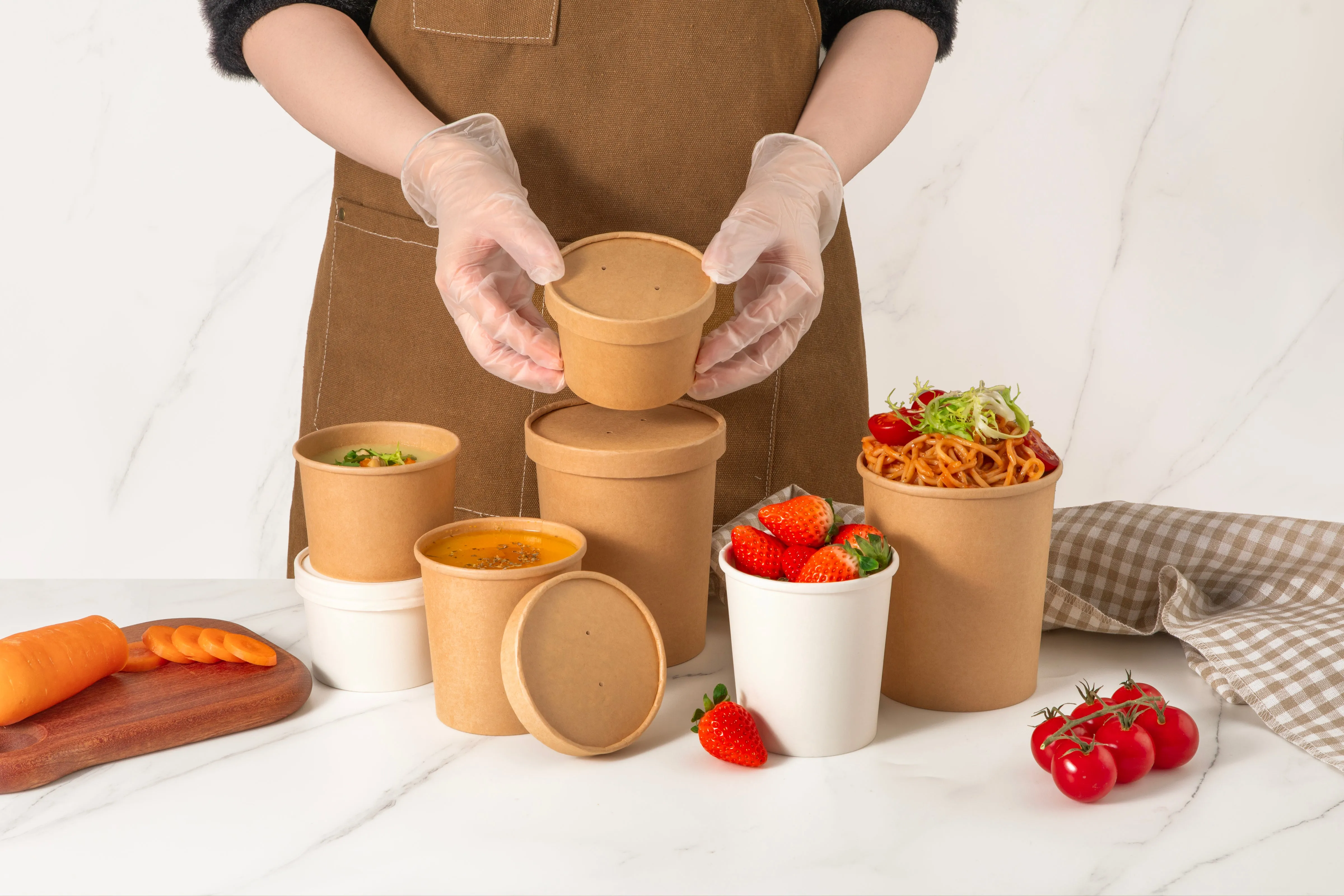 16oz Kraft Compostable Paper Food Cup with Vented Lid