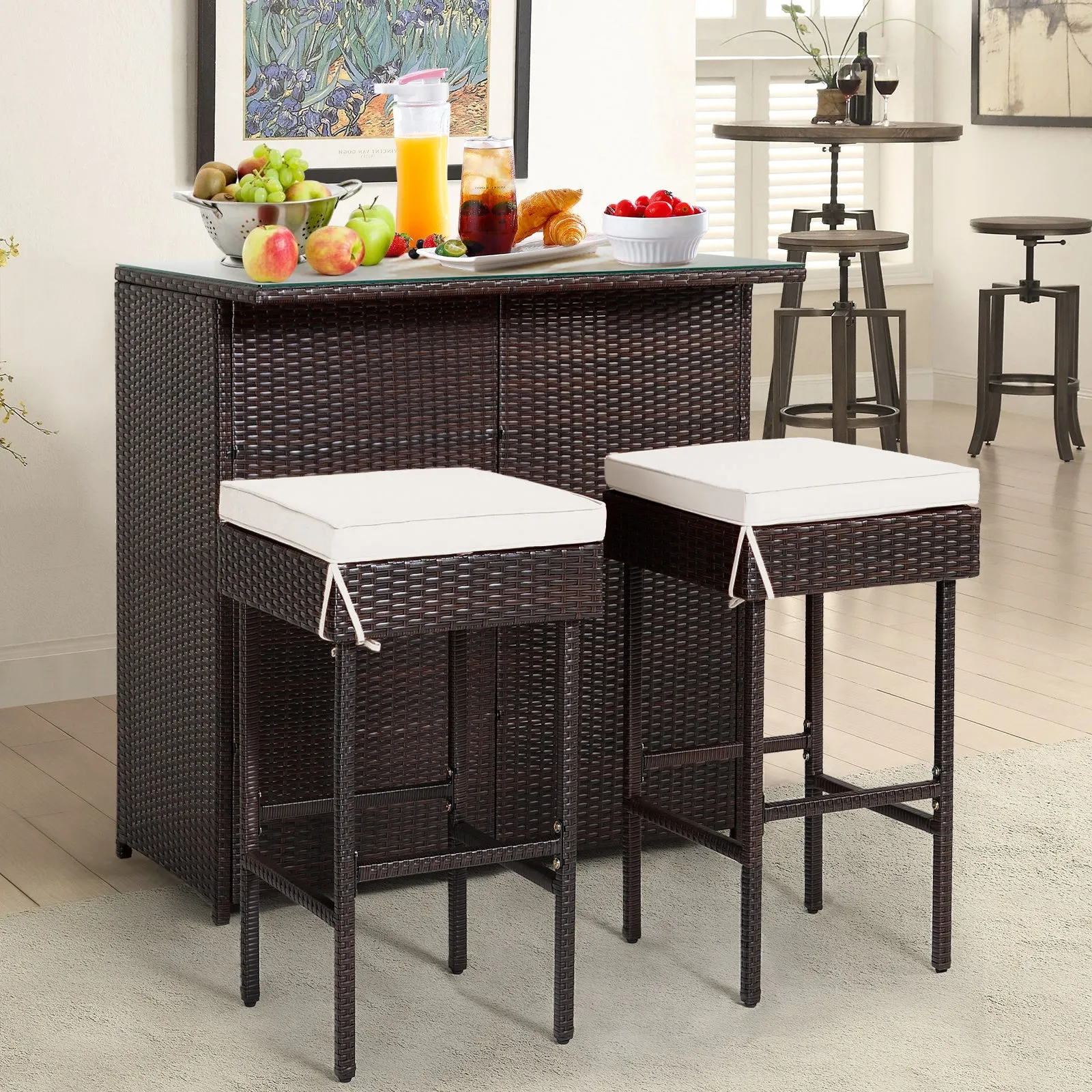 3-Piece Outdoor PE Rattan Bar Set with Cushions-White