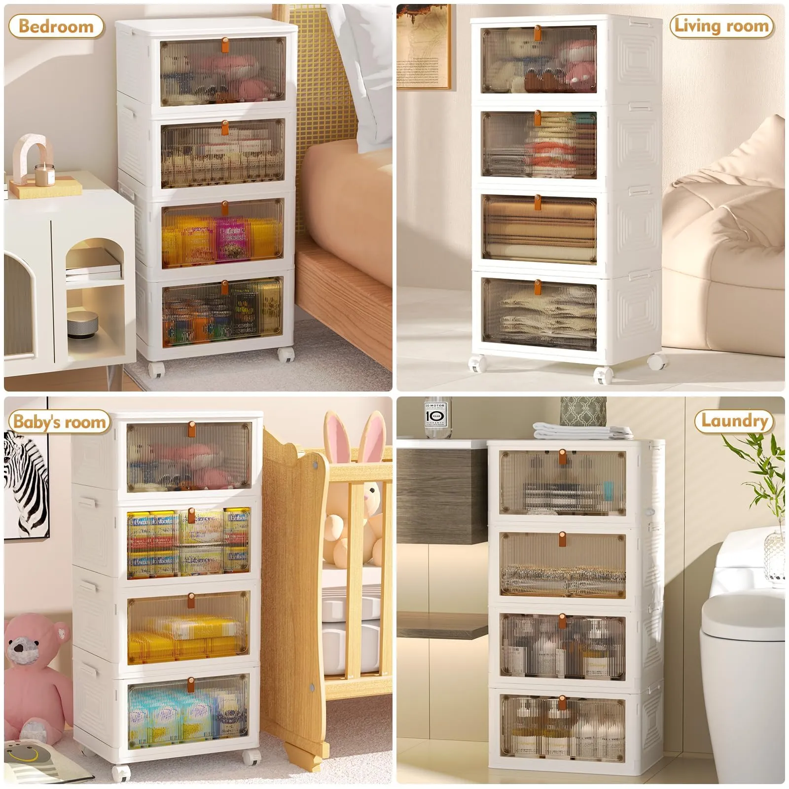 4 Tier Plastic Storage Bins with Lids 23QT, Stackable Storage Containers with Wheels, Folding Storage Boxes, Collapsible Storage Bins, Closet Organizers and Storage for Living Room,Office,Dorm