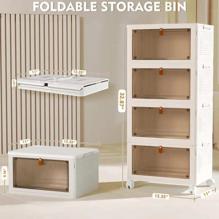 4 Tier Plastic Storage Bins with Lids 23QT, Stackable Storage Containers with Wheels, Folding Storage Boxes, Collapsible Storage Bins, Closet Organizers and Storage for Living Room,Office,Dorm
