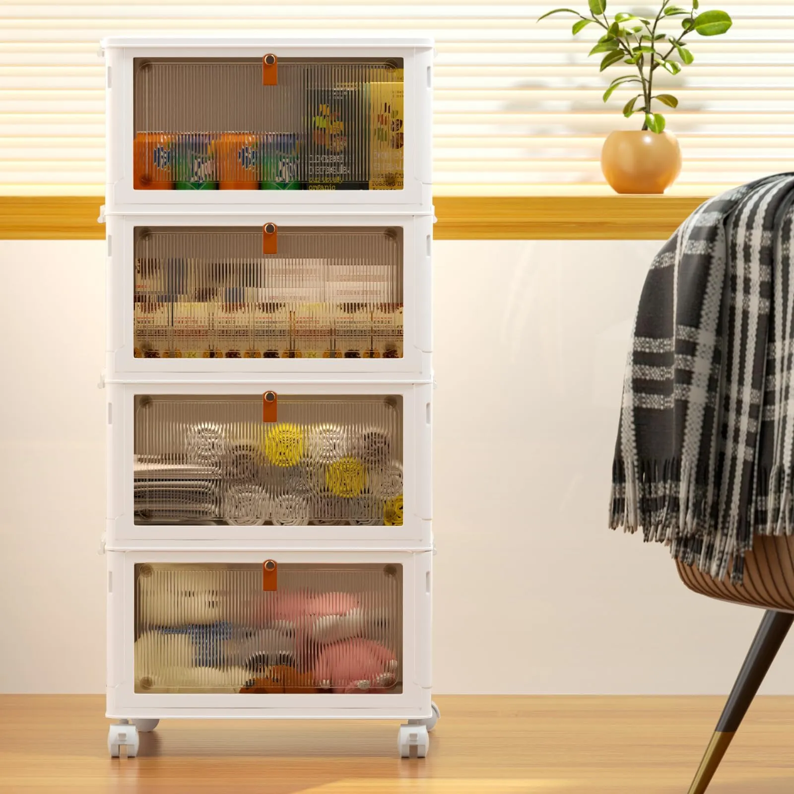 4 Tier Plastic Storage Bins with Lids 23QT, Stackable Storage Containers with Wheels, Folding Storage Boxes, Collapsible Storage Bins, Closet Organizers and Storage for Living Room,Office,Dorm