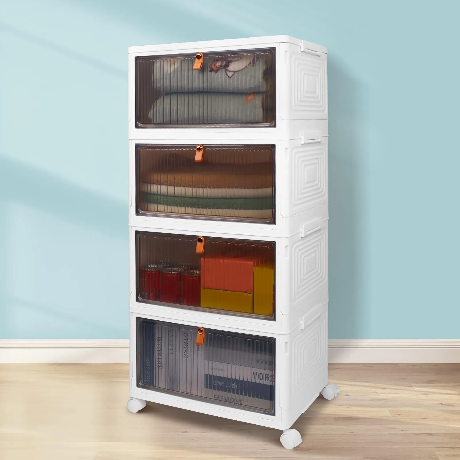 4 Tier Stackable Plastic Storage Bins with Lid and Wheels - 23QT Closet Organizers and Storage, Foldable Storage Containers, Organization and Storage Boxes for Craft, Home, Pantry, Office, Dorm