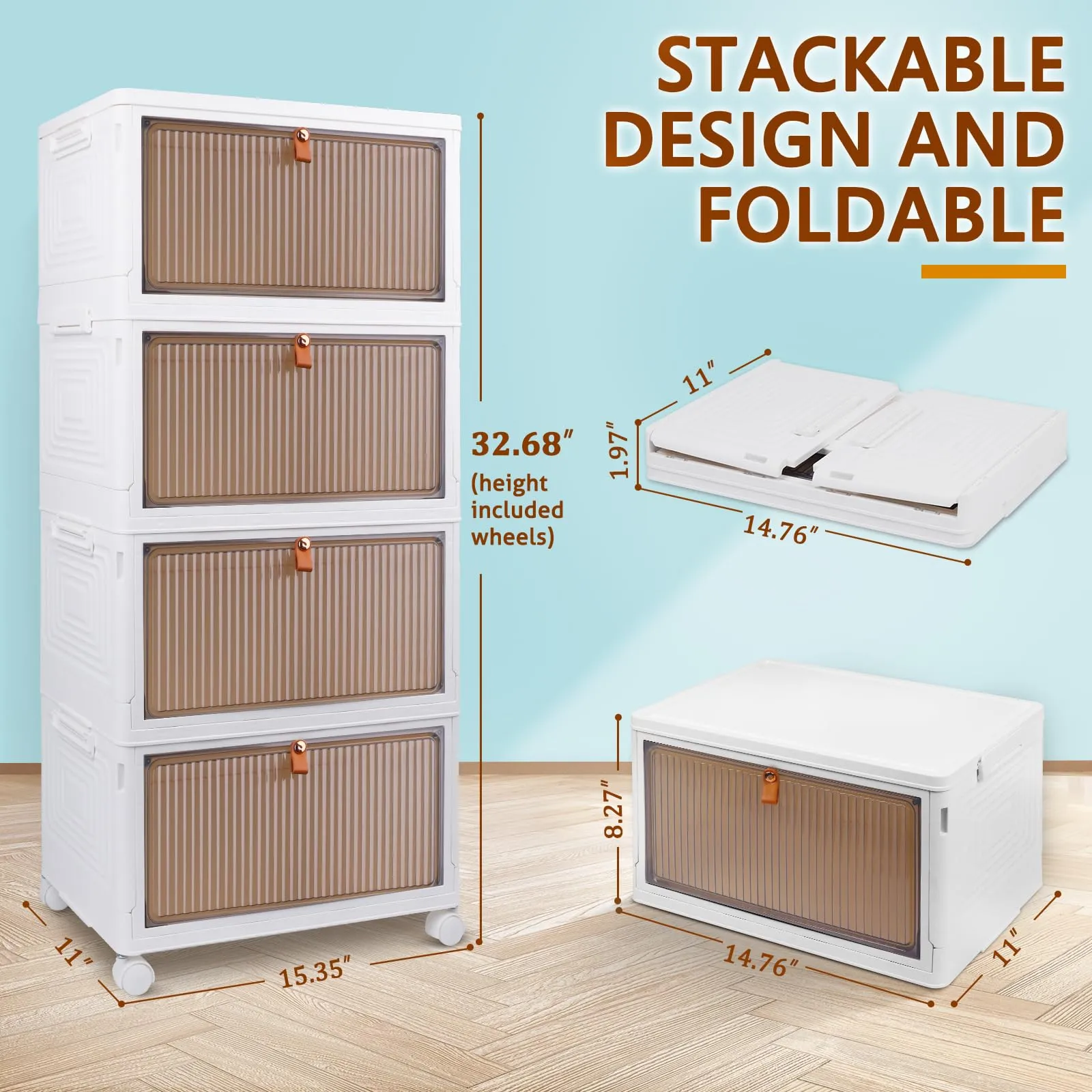 4 Tier Stackable Plastic Storage Bins with Lid and Wheels - 23QT Closet Organizers and Storage, Foldable Storage Containers, Organization and Storage Boxes for Craft, Home, Pantry, Office, Dorm