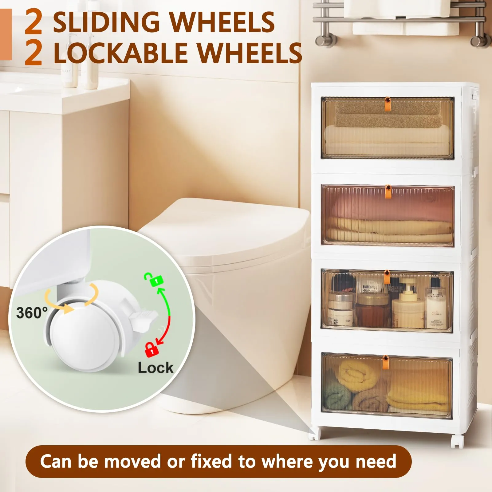 4 Tier Stackable Plastic Storage Bins with Lid and Wheels - 23QT Closet Organizers and Storage, Foldable Storage Containers, Organization and Storage Boxes for Craft, Home, Pantry, Office, Dorm