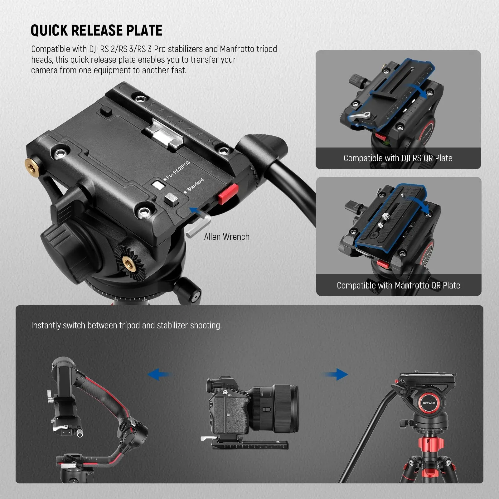72 Fluid Head Video Tripod Monopod for Dslr Camera with Qr Plate Compatible with Dji Rs Gimbal and Manfrotto Aluminum Alloy Construction