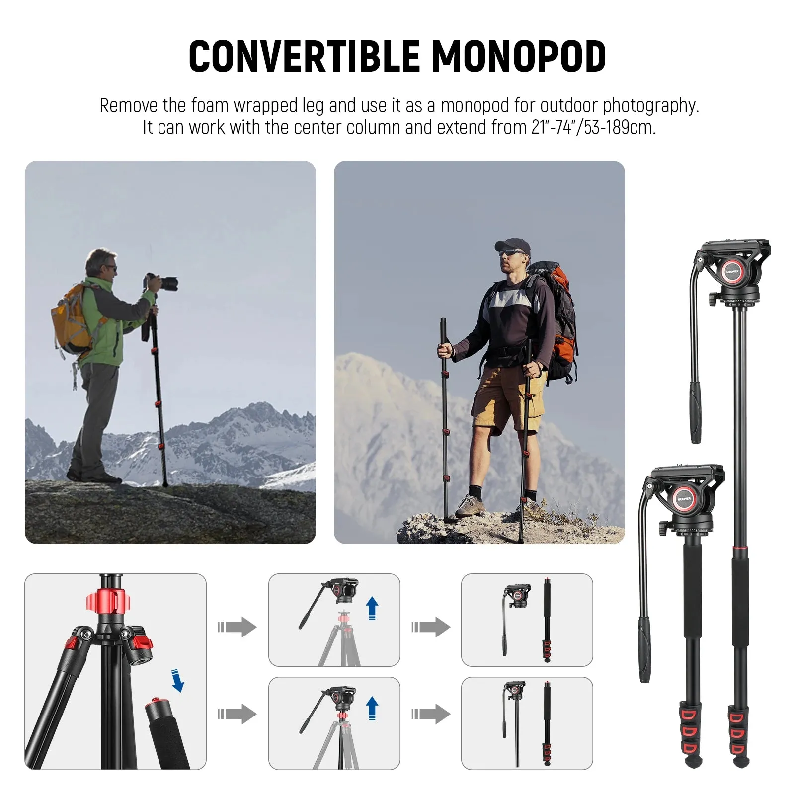 72 Fluid Head Video Tripod Monopod for Dslr Camera with Qr Plate Compatible with Dji Rs Gimbal and Manfrotto Aluminum Alloy Construction
