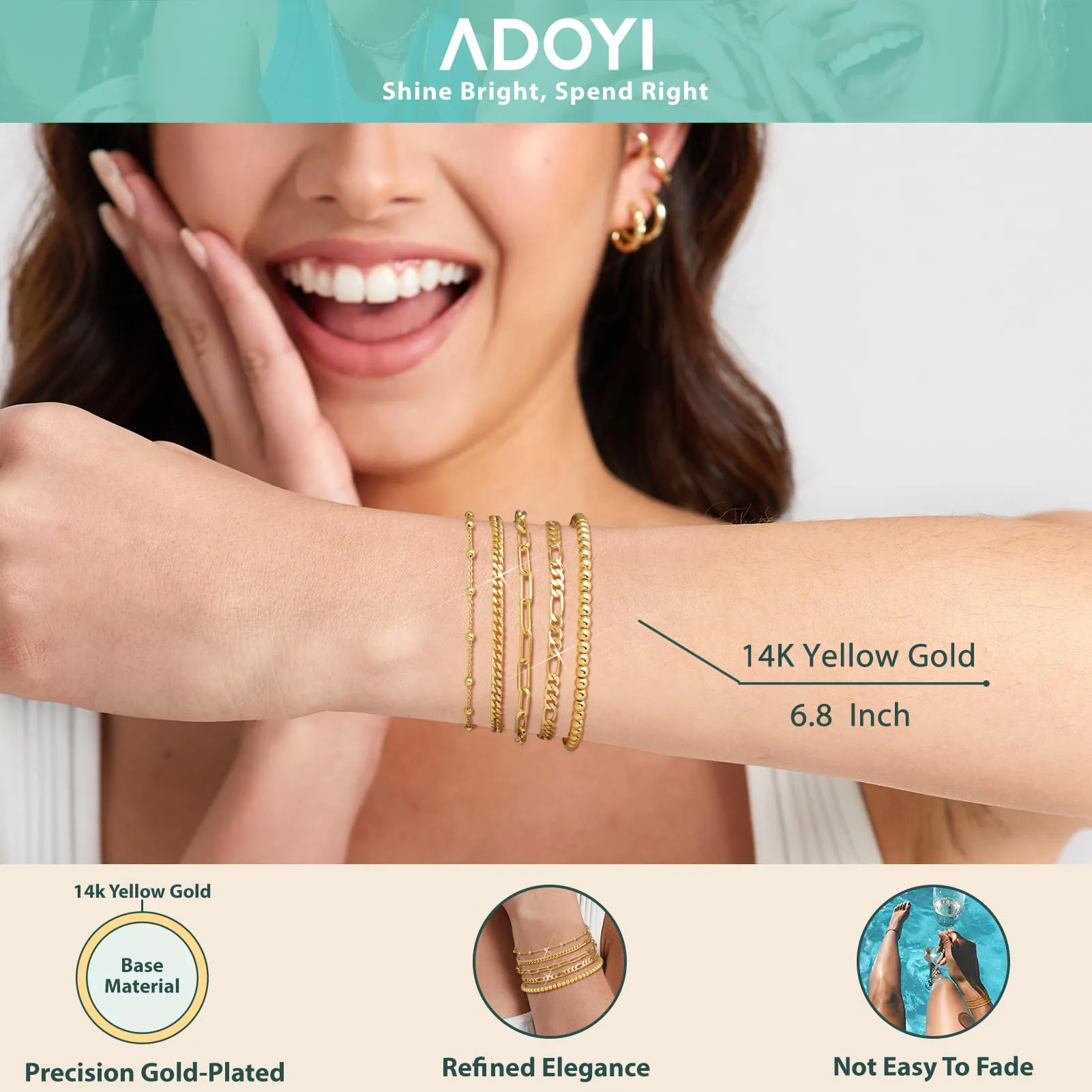 adoyi Gold Bracelets for Women, 14K Gold Plated Bracelet Stack Set Adjustable Stackable Charm Bracelets Paperclip Chain Cuban Link Layered Waterproof Bracelet Sets Gifts for Womens 6.8 Inch