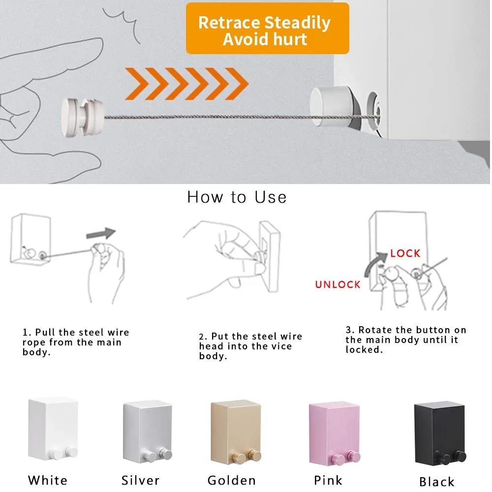 BESy Tormeti Retractable Clothesline ABS case Aluminum Dryer with Adjustable Stainless Steel Rope String Hotel Style Heavy Duty, Drill Free & Wall Mounted Method, 13.8 Feet (White)