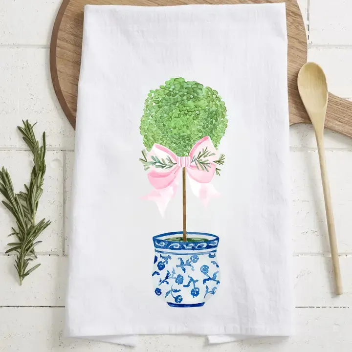 Boxwood with Pink Bow Tea Towel