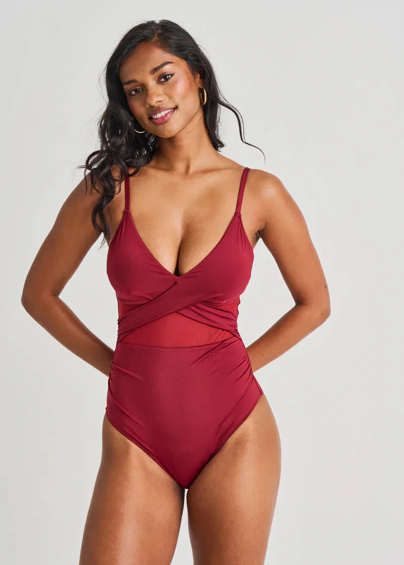 CROSS OVER MESH ONE PIECE RUBY RED