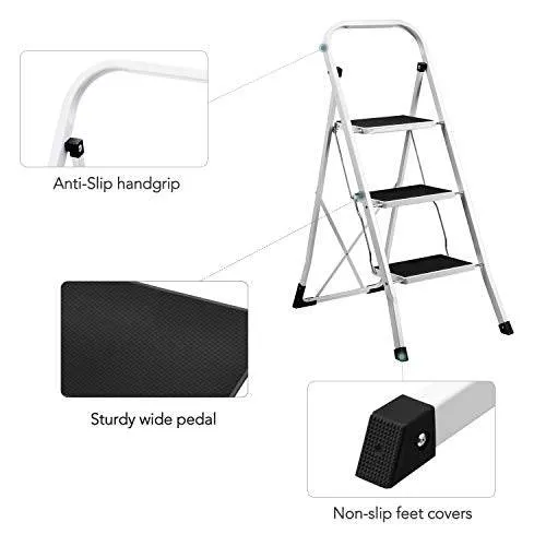 Delxo 3 Step Folding Step Stool Ladder with Handgrip White (3 Feet)