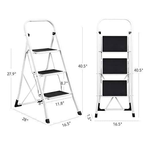 Delxo 3 Step Folding Step Stool Ladder with Handgrip White (3 Feet)