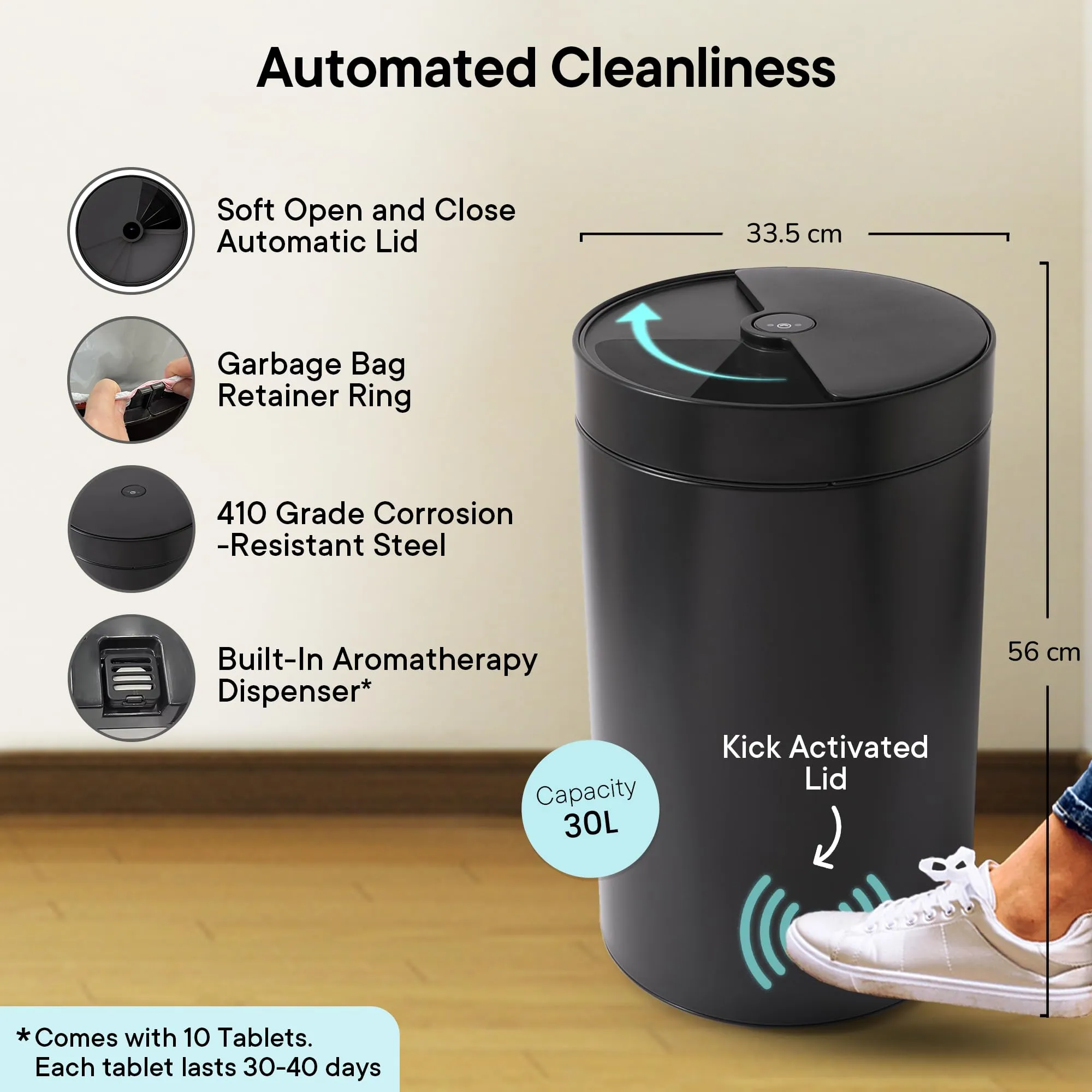 FUMATO Stainless Steel Dustbin with Rotating Lid I Durable 30L I Built in Aromatherapy Dispenser with 10 Tablets I Automatic Motion Sensor Dustbin I Adjustable Sensor Range I CE & RoHS Certified