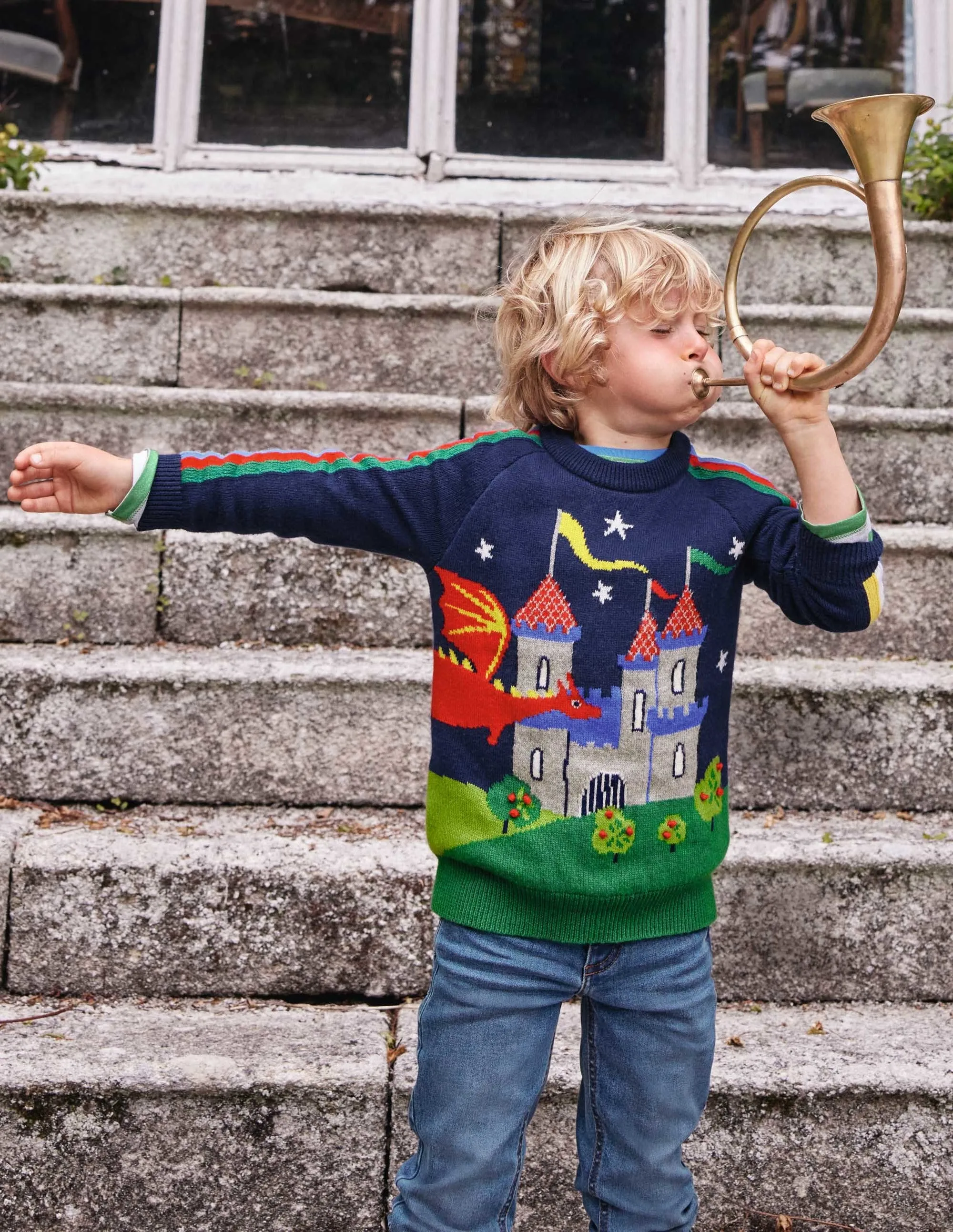 Graphic Dragon Crew Jumper-College Navy Rainbow Castle