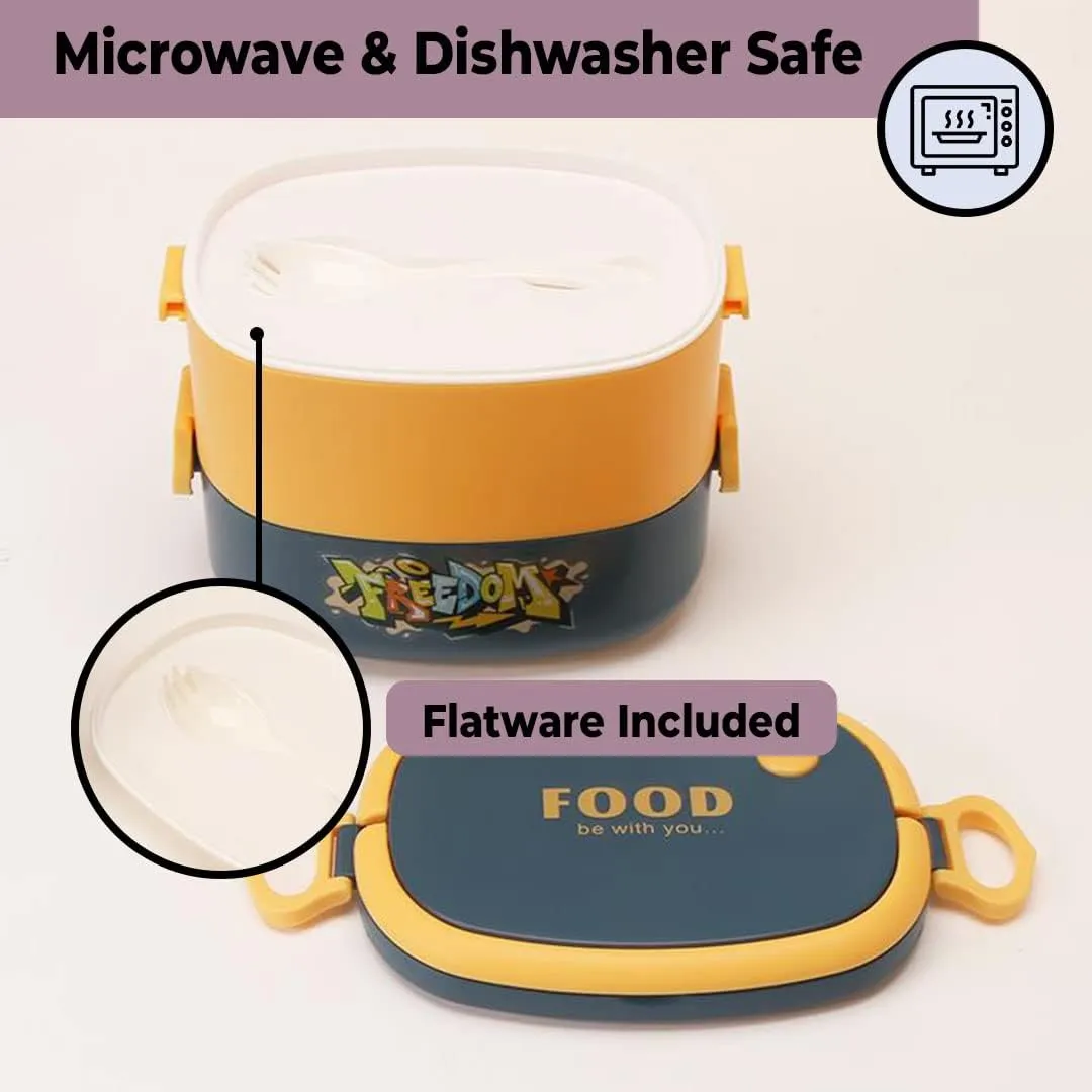 Kuber Industries Insulated Lunch Box with 2 Compartments|100% BPA Free, Food Grade ABS Plastic|Leakproof & Spill Proof|Dishwasher & Microwave Safe Lunch Box|1450 ML|HX0043341|Pack of 3|Yellow & Blue