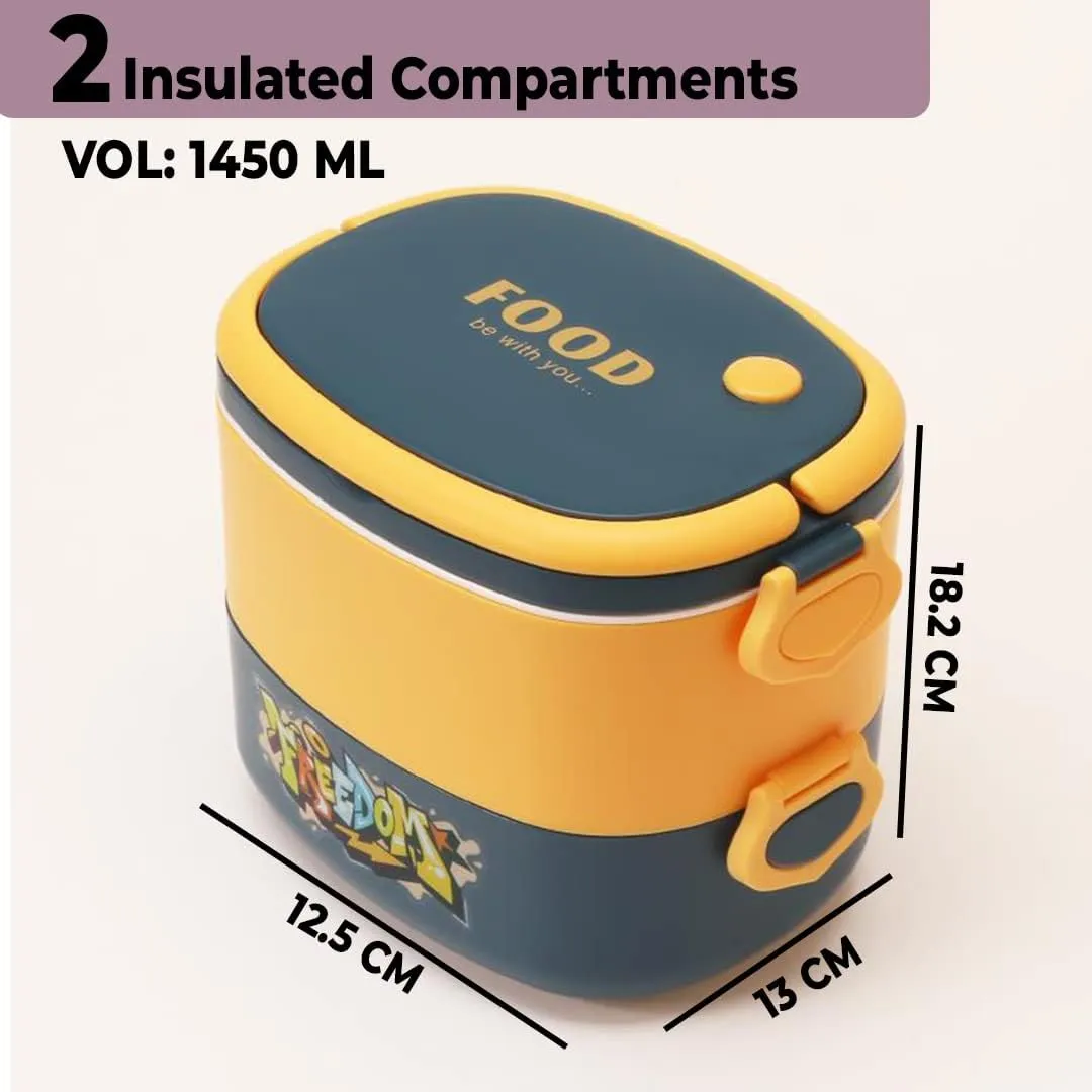 Kuber Industries Insulated Lunch Box with 2 Compartments|100% BPA Free, Food Grade ABS Plastic|Leakproof & Spill Proof|Dishwasher & Microwave Safe Lunch Box|1450 ML|HX0043341|Pack of 3|Yellow & Blue