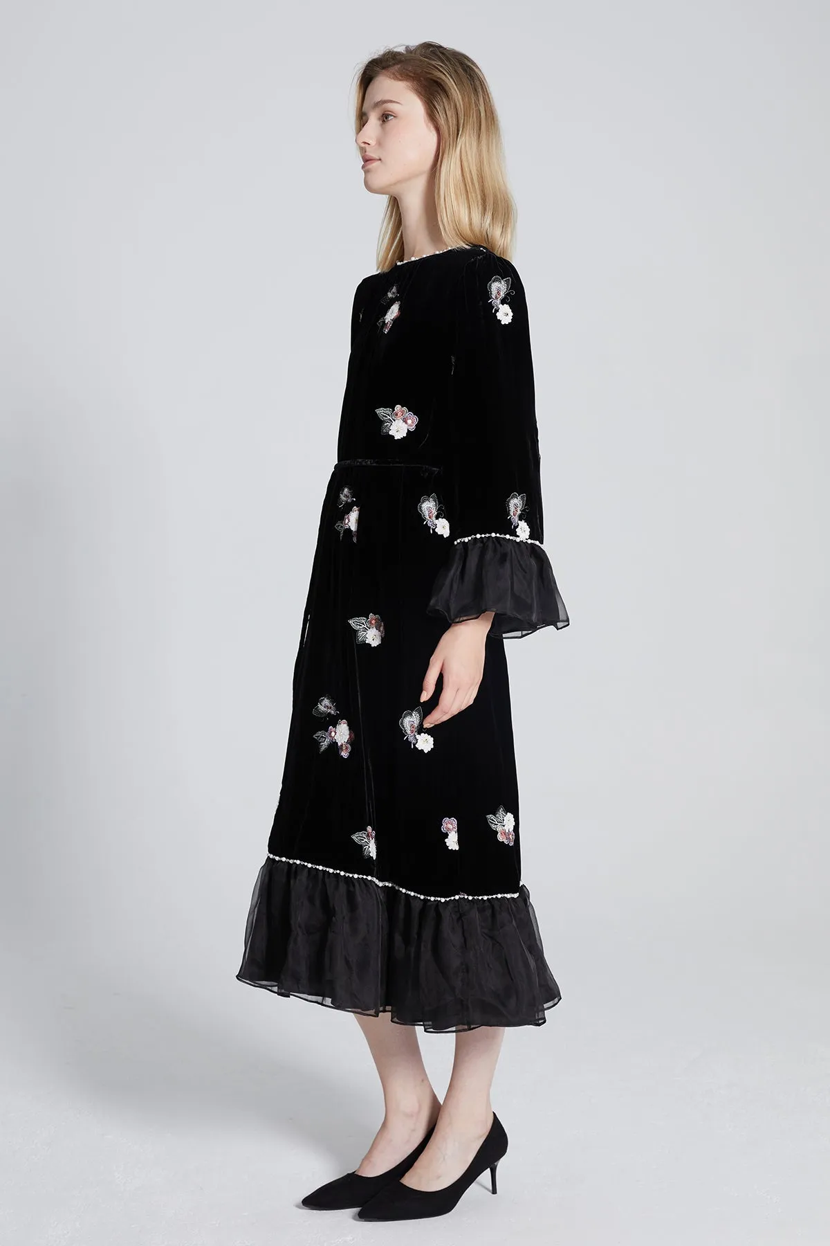 Lorie Embroidery Mesh Splice Velvet Dress