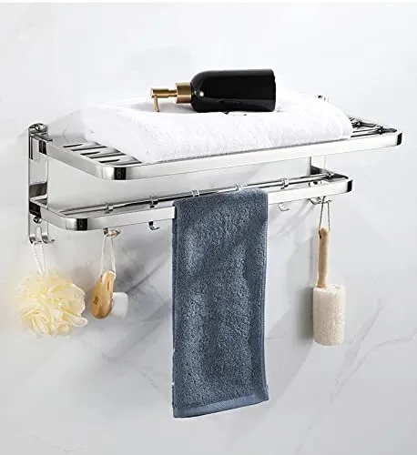 OSLEN Stainless Steel Dual Foldable Towel Rack for Bathroom Wall Mounted/Towel Stand/Adjustable Towel Hooks and Towel Bar/Hanger/Bathroom Accessories (Mirror Finish)