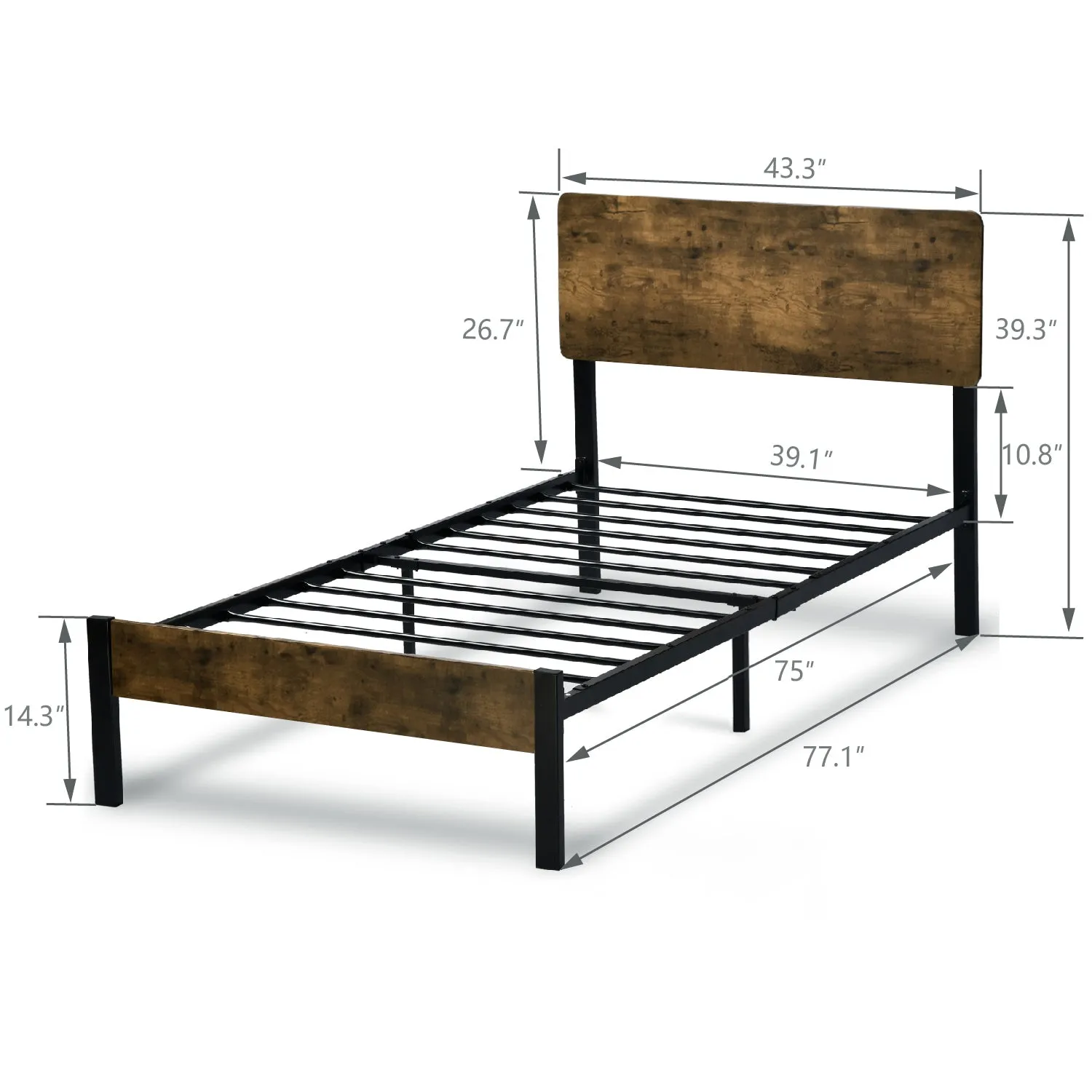 Platform Bed Frame with Wood headboard and Metal Slats/Rustic Country Style Mattress Foundation