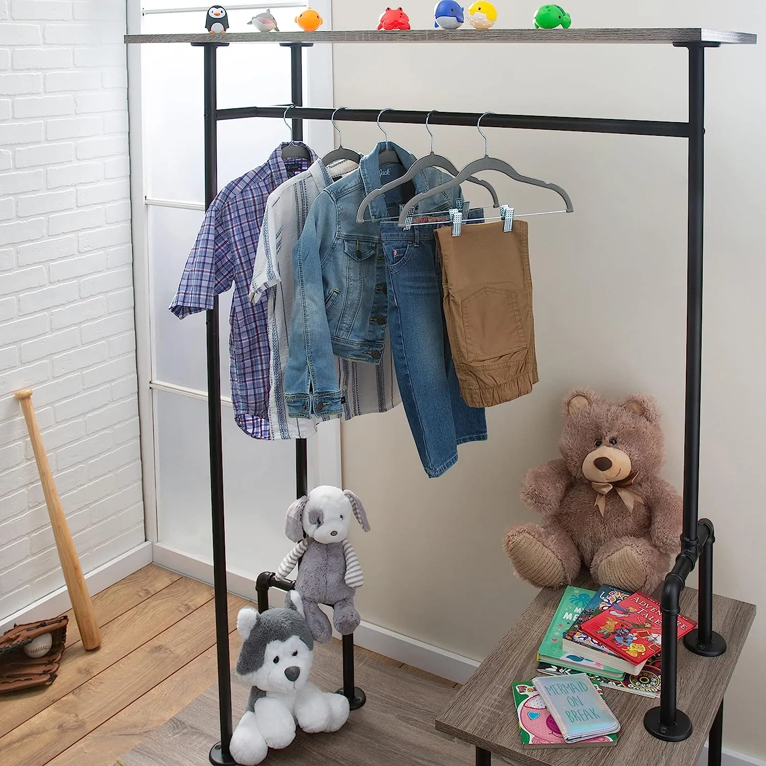 Simplify Grey Velvet Kids Hangers with Clips 6pc