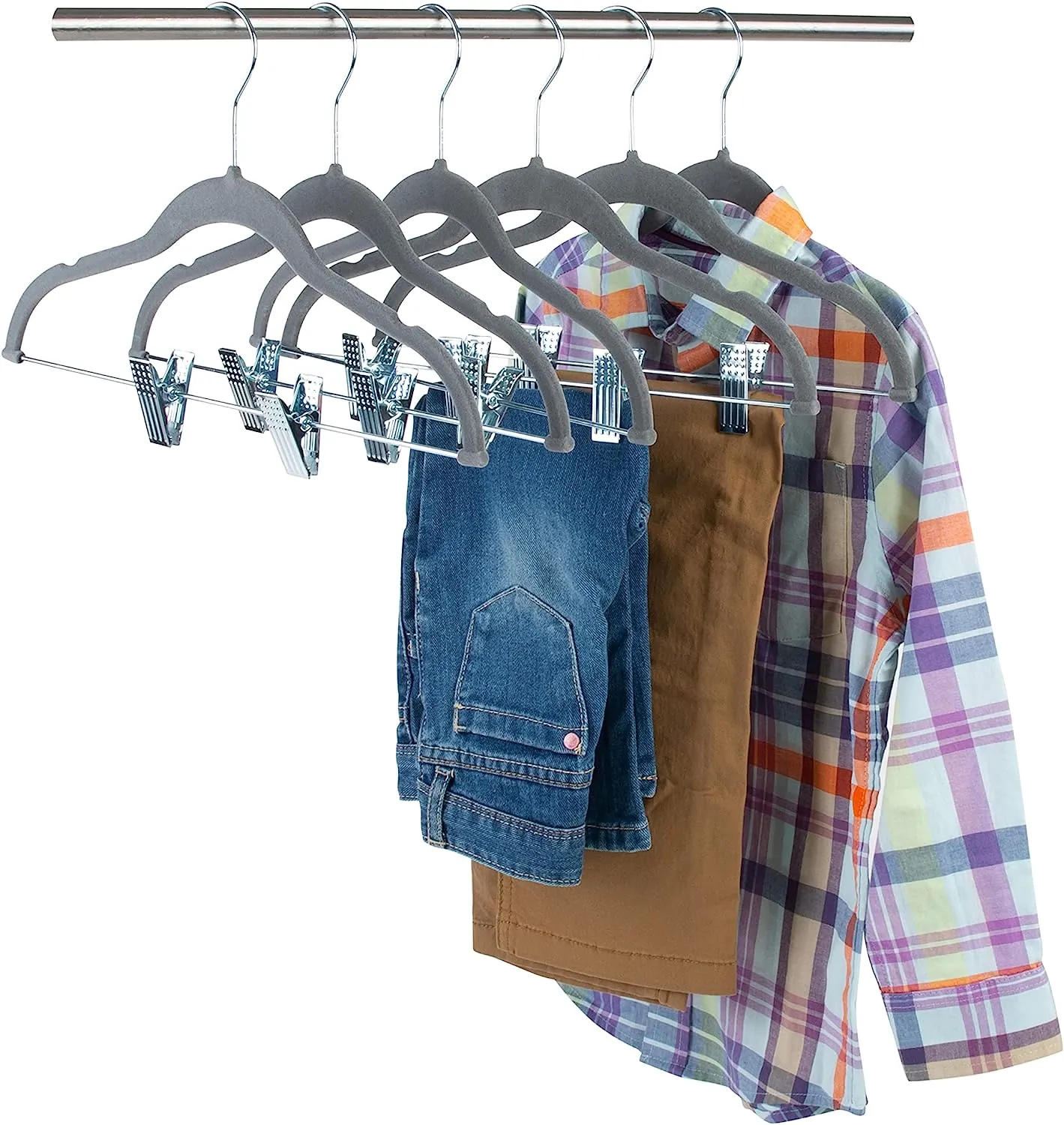 Simplify Grey Velvet Kids Hangers with Clips 6pc