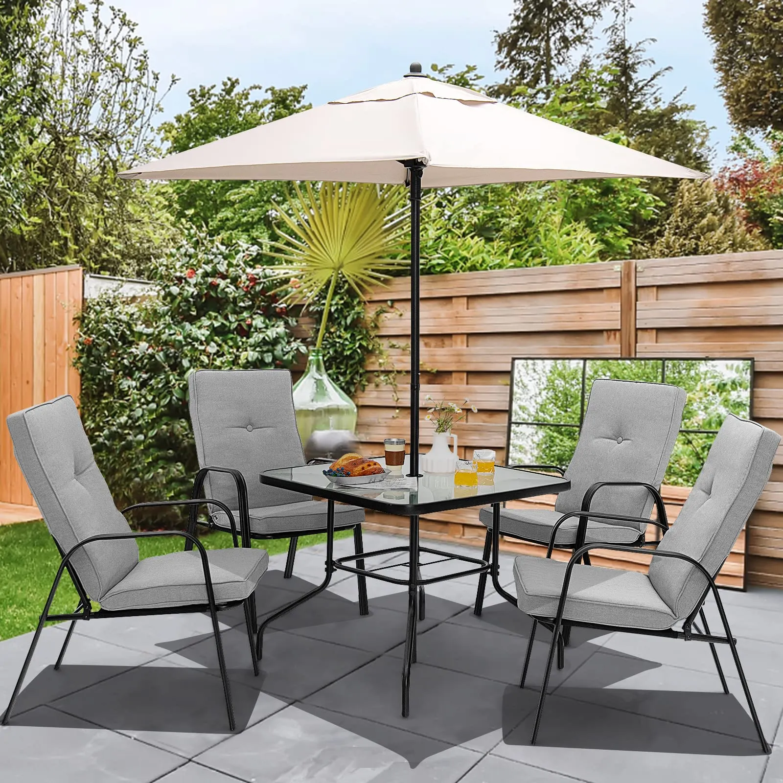 Tangkula 6 Pieces Patio Dining Set w/Umbrella, 35 Inches Square Steel Tempered Glass Table (Grey)