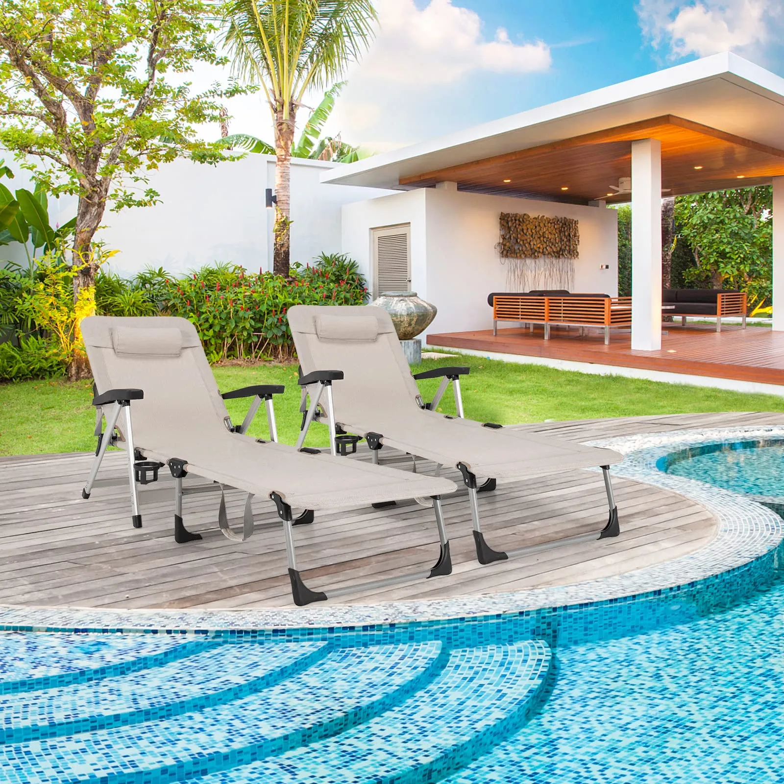 Tangkula Folding Chaise Lounge Chair, Adjustable 7-Position Recliner with Removable Headrest and Cup Holder