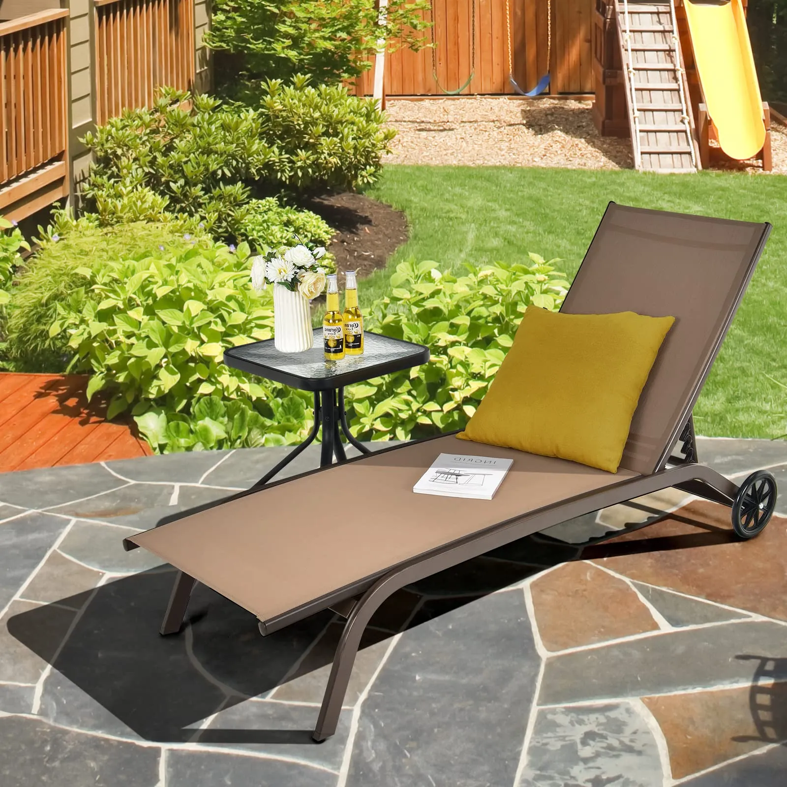 Tangkula Outdoor Chaise Lounge Chair, Patio Lounge Recliner with 6-Position Adjustable Backres