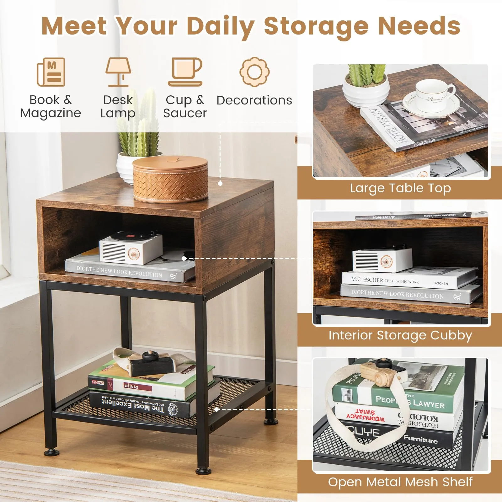 Tangkula Square End Table, 16” Wood Top Sofa Side Table with Metal Frame, Storage Cube & Mesh Shelf