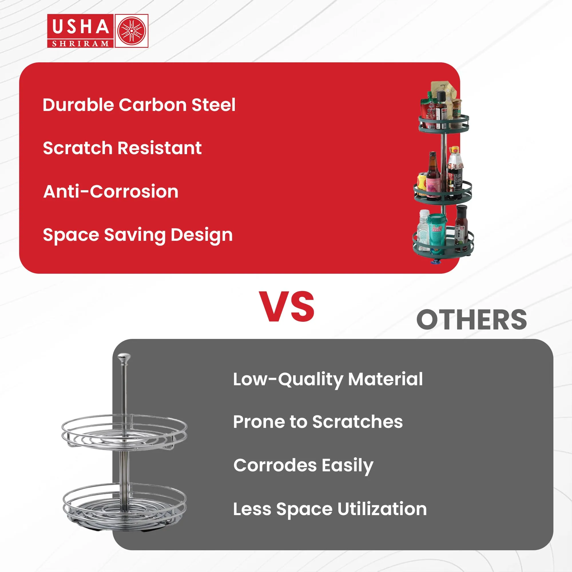 USHA SHRIRAM Carbon Steel Oil Bottle Holder For Kitchen |360 Rotation | Wine Whiskey Bottle Holder | Kitchen Organiser Space Saver | Storage Rack For Kitchen Organiser (Pack of 2, Round - 3 Layer)