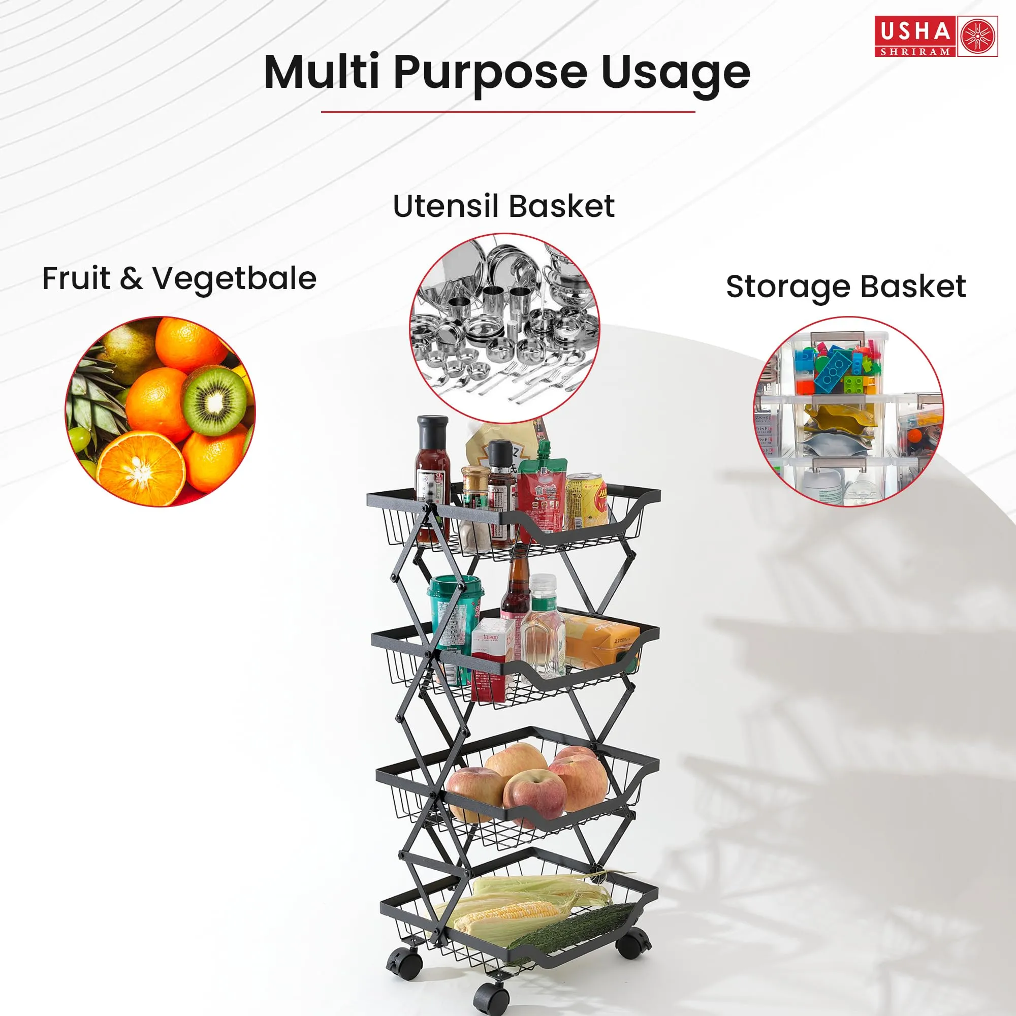 USHA SHRIRAM Layer Carbon Steel Trolley for Kitchen |360 Rotation | Kitchen Trolley with Wheels for Modular Kitchen | Onion Fruit Trolley for Kitchen | Kitchen Trolley Organisers (5 Layer, Pack of 5)