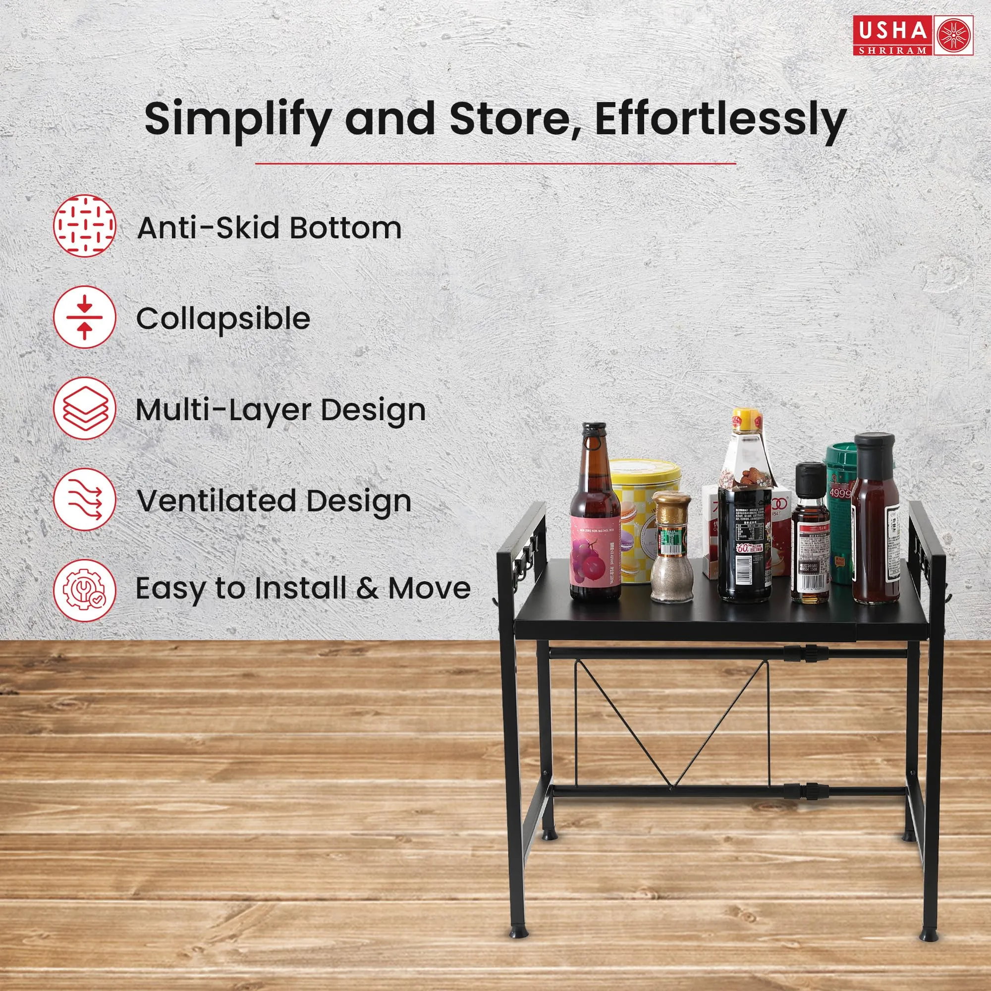 USHA SHRIRAM Microwave Oven Rack For Kitchen (2Pcs) | Step Organiser For Kitchen Cabinet | Kitchen Organiser Box | Storage Organiser For Kitchen Shelf Space Saver | Hooks For Spoon Holder | Black