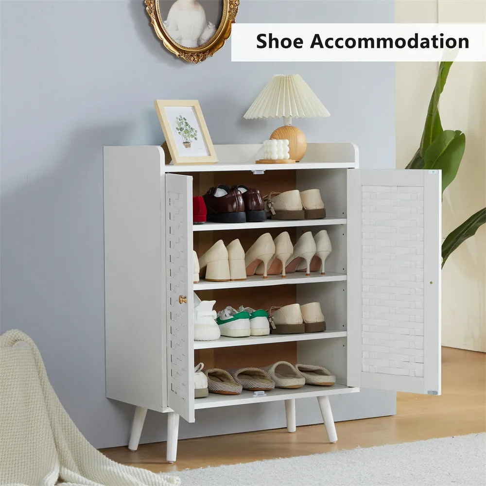 Wooden Shoe Cabinet 4-Tier Freestanding Shoe Rack With with Woven Doors